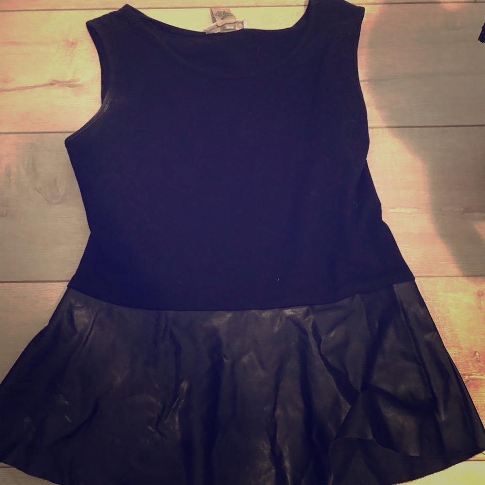 Black cotton and leather peplum top